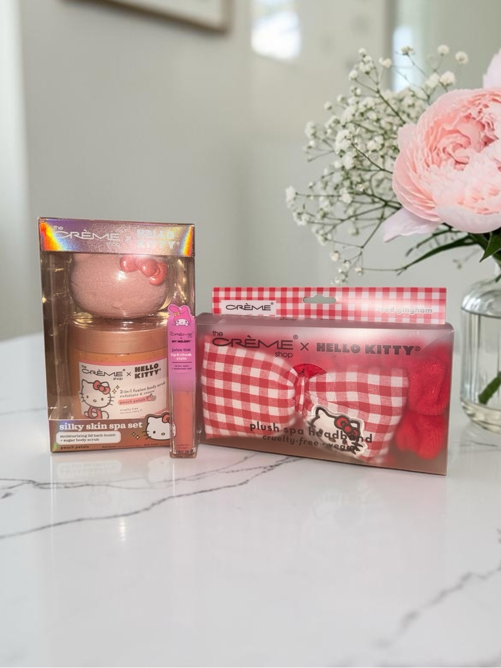 The Crème Shop Bundle  Spa Headband, Silky Skin Bath Set & lip/cheek NIB